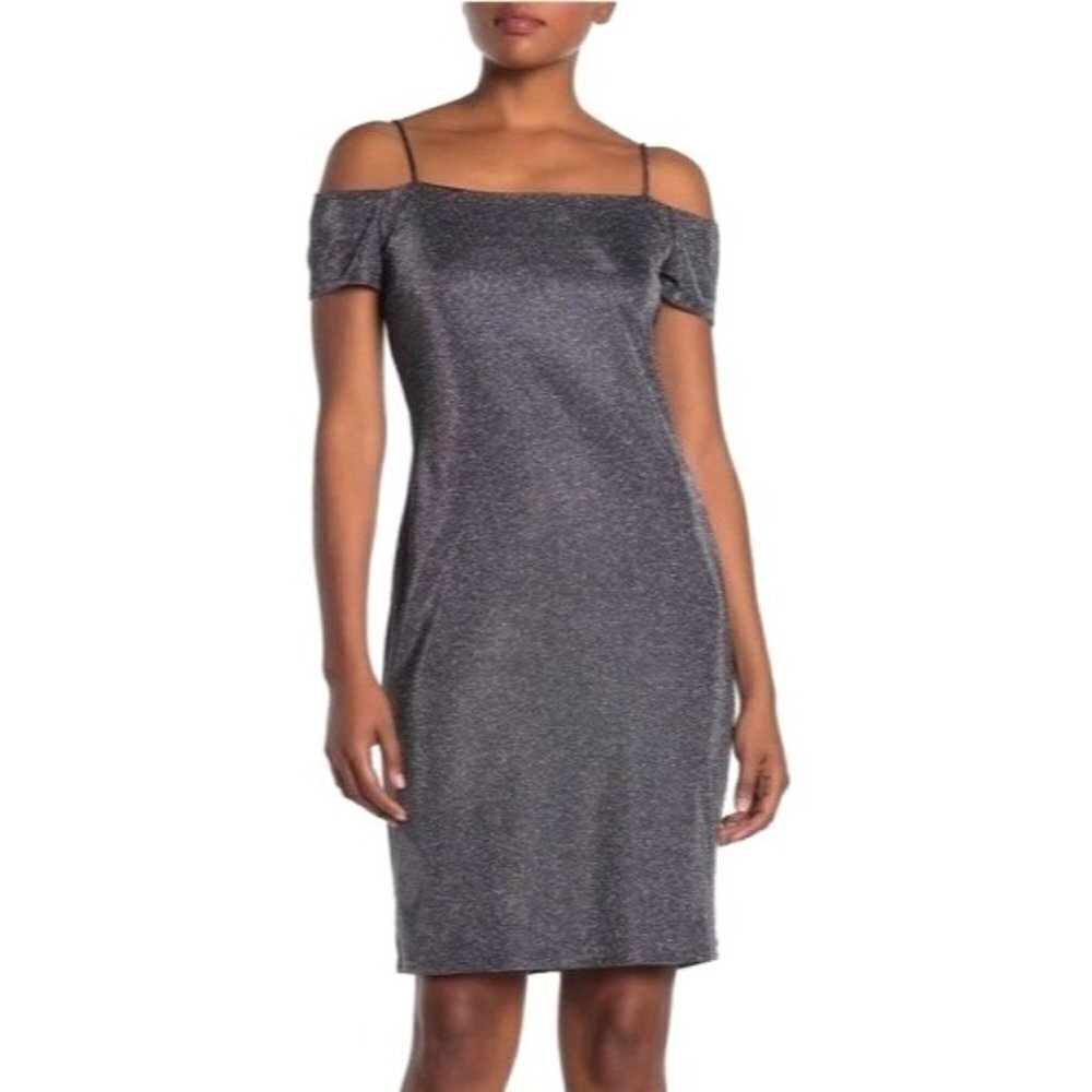 Marina Gunmetal Metallic Silver Cold Shoulder Mini Dress Size S NWT